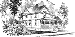 Here is a bungalow style, two story farmhouse nestled amongst the trees. There is a typical hipped roof, with gabled windows. The roof over the front porch is supported by four columns and two pilasters. In 1917, this house cost about $2,400 to build.