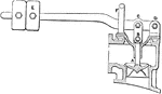 An illustration of a lever safety valve. "Suppose the valve A is just suppose to open when the steam pressure under it is 120 lb. per square inch, that mean area of the valve exposed to steam pressure is 4 square inches, the weight of the valve 4ln., the distance C D being 3 inches the centre of gravity of the lever 7 inches from D, and its weight 6 lb.; where must the weight E - which is 50 lb. - be placed on the lever? The total upward force on the valve is 120 &times; 4 - 4 = 476 lb., and the moment of this force about D is 476 &times; 3 = 1428. This is the only negative moment, all other forces tending to turn the lever the opposite way." -New, 1891
