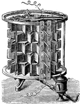 An illustration of Clamond's thermal battery; a thermal battery refers to the the electrolyte being solid and inactive at a normal ambient temperature and liquid and active at high temperatures.