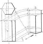 Illustration of the projection of a hexagonal prism having two of its parallel sides parallel to the plane of the paper, and its axis vertical. instead of a side elevation at right angles to the horizontal, the angle is 30&deg; with the horizontal.