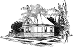 Here is a small, one bedroom bungalow style house. Is has a hipped roof with a gabled window in the front. Two chimneys protrude from the roof. In 1917, this house cost about $500 to build.