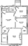 The floor plan shows a small porch at the front of the house. A small bedroom is accompanied by a walk-in closet as the kitchen has a walk-in pantry. In 1917, this bungalow style one story house cost about $500 to build.