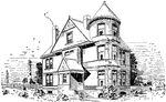 A three story Queen Anne Victorian style house. This house includes the typical, round tower associated with this style. A window is situated at the end of the gabled roof. A covered porch leads to the front door. A bit of smoke can be seen coming from the chimney. There is a vine creeping up the side of the house as well. In 1917, this house cost between $4,300 and $4,500 to build.