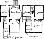 The floor plan shows more detail on the interior of the house. From this view can be seen the large bay window that protrudes from the dining room. There is a fireplace in the parlor. The kitchen has a large walk-in pantry attached. The three bedrooms are all located on the second floor. The master chamber includes an alcove to provide more space than the other rooms along with a walk-in closet. In 1917, this house cost between $2,800 and $3,000 to build depending on the locality.