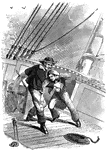 A scene from the book The Young Wrecker, showing the hero Fred Ransom as he "plunged into the arms of a man at the helm." -Bache, 1865