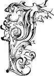 An ornate capital I surrounded by leaves and vines, used at the start of a new chapter or heading.