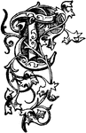 An ornate capital T surrounded by leaves and vines, used at the start of a new chapter or heading.