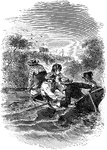 Four boys and their dog rowing a small boat to the shore.