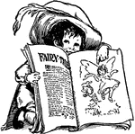 An illustration of a young girl holding a book.
