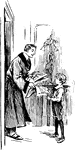 An illustration of a man handing a young boy a section of a newspaper.