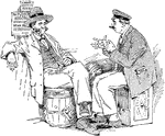 An illustration of two men talking while sitting on crates.