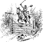 An illustration of a man riding a horse and jumping over a fence.