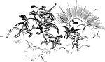 An illustration of a man riding a flying horse and following flying dogs.