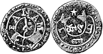 The obverse and reverse sides of the fanam, a small silver coin used in Madras, India.