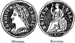 The obverse and reverse sides of the farthing depicting Charles II. The farthing was an English coin equal to one quarter of a penny.
