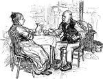 An illustration of a man and woman talking at a table.