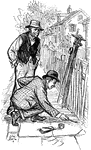 An illustration of two men drawing on the a sidewalk after measuring a distance.