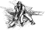 An illustration of a man on a roof sawing and repairing shingles.