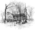 An illustration of a small church and graveyard.