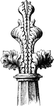 "Finial, 15th Century. In architecture, the ornamental termination or apex of a pinnacle, canopy, gable, or the like, consisting usually of a knob or composition of foliage." -Whitney, 1911