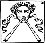 An illustration of a face with two flutes and a crown of olive leaves.