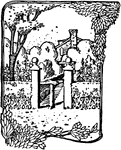 An illustration of a garden entrance leading up to a small house.