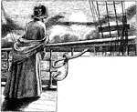An illustration of an adult female looking overboard of a ship.