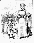 An illustration of a woman holding the hand of a small child.