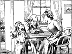 An illustration of a family, consisting of a father, mother and child, sitting around a table.