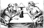 An illustration of a man and woman sitting at the table reading.