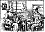 An illustration of a family reading a newspaper together around the table.
