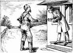 An illustration of a man delivering a letter to another man.