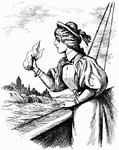 An illustration of a woman waving a handkerchief over the deck of a ship.