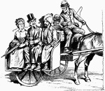 An illustration of a jaunting car; The Irish form of the sprung cart, called a jaunting car or jaunty car, was a light, horse-drawn, two-wheeled open vehicle with seats placed lengthwise, either face to face or back to back.