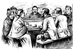 An illustration of a group of men and women sitting around table.