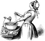 An image of a woman washing her hands in a basin and looking up towards the sky.