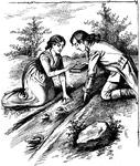 An illustration of a man and woman leaning over a stream and holding a book.