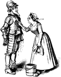 An illustration of a man wearing a suit of armor with a woman washing it.