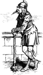 An illustration of a soldier leaning on a mace. A mace is a simple weapon that uses a heavy head on the end of a handle to deliver powerful blows.