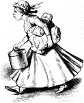 An illustration of a woman carrying an armful of packages and a pail.