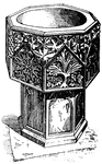 "Font, Cathedral of Langres, France; end of 13th century. A repository for the water used in baptism; now, specifically, a basin, usually of marble or other fine stone, permanently fixed within a church, to contain the water for baptism by sprinkling or immersion: distinctively called a baptismal font." -Whitney, 1911