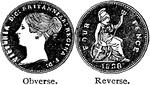The obverse and reverse sides of the fourpenny piece, or groat, an English silver coin worth fourpence.