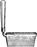 "A cleaving tool having a wedge-shaped blade, with a handle set at right angles to the length of the blade, used in splitting staves for casks and the like. It is driven by a mallet." -Whitney, 1911