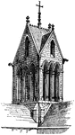 "Gable Tower, Dormans, France. A tower finished with gables on two sides or on all four sides, instead of terminating in a spire, a parapet, or otherwise." -Whitney, 1911