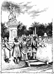 An illustration of a group of people standing in a graveyard.