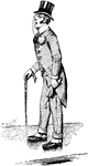 An illustration of a man in a checkered suit with a top hat and cane.