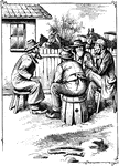 An illustration of men sitting in a circle talking.