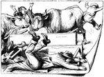 An illustration of two bulls disrupting a group of people eating dinner.
