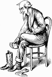 An illustration of a man taking off his boots while sitting in a chair.