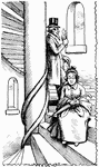 An illustration of a man and woman on a staircase.